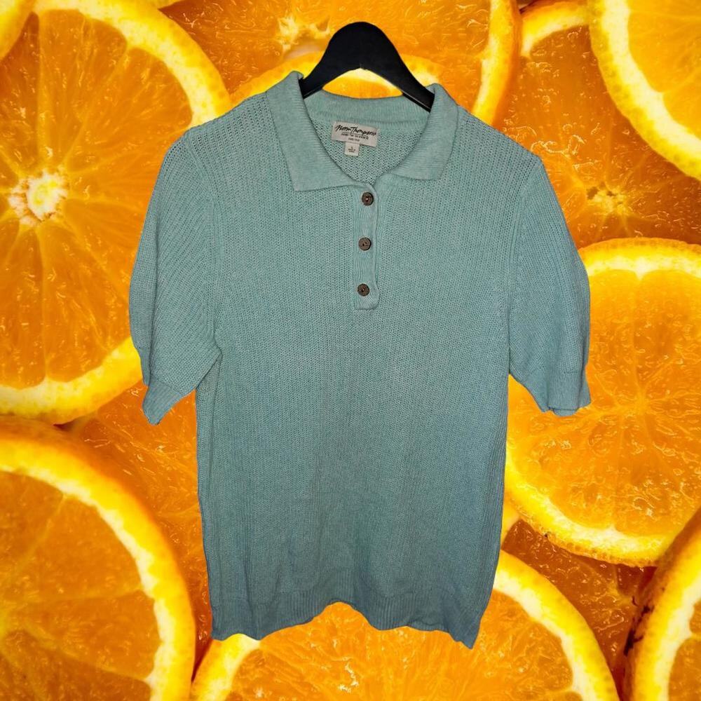 Norm Thompson Linen Light Blue Short Sleeve‎ Polo Knit Sweater Size Large
